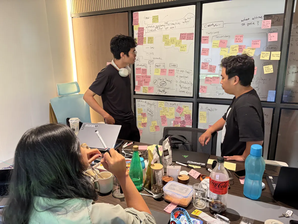 Tim membedah masalah di depan papan sticky notes